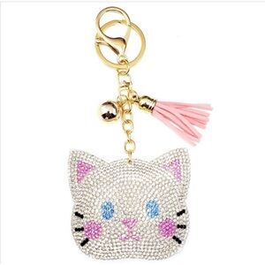 ✨ Sparkly Kitty Cat Keychain – Rhinestone Puffy Purse Charm with Tassel ✨